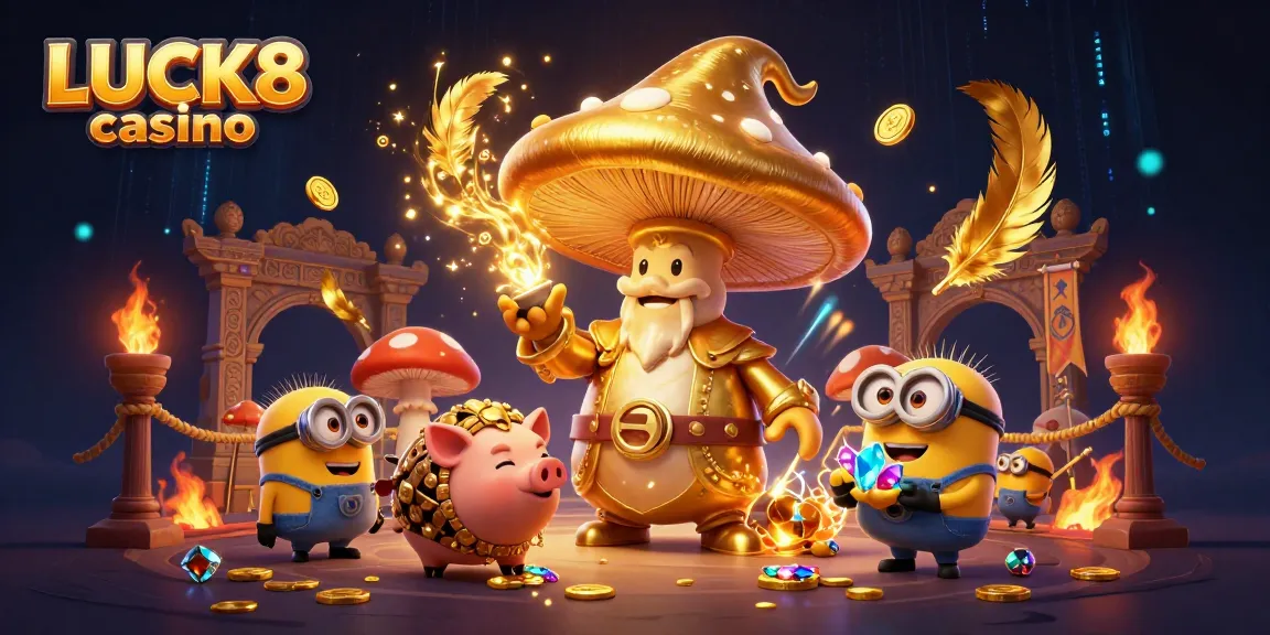 Celebrate wins at LUCK8 casino with magical golden elements and a wizard in a dynamic, colorful scene.