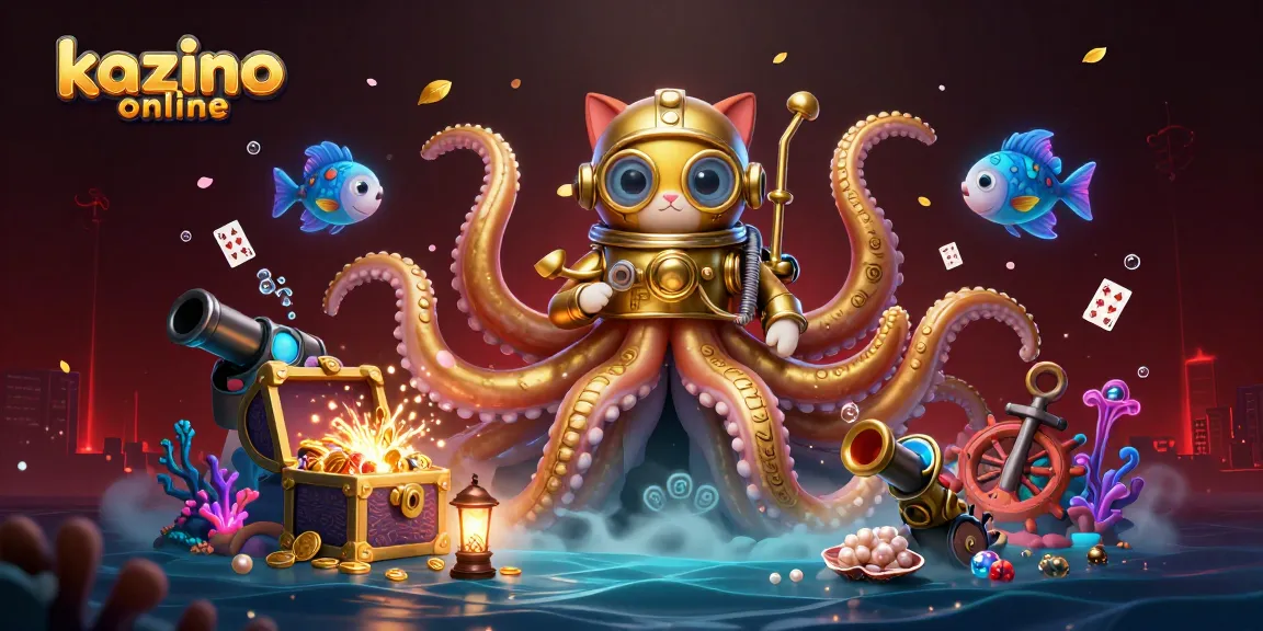 Odkrijte svet kazino online z dinamično ilustracijo, kjer ogromna hobotnica iz vode zlate lovi zaklade.