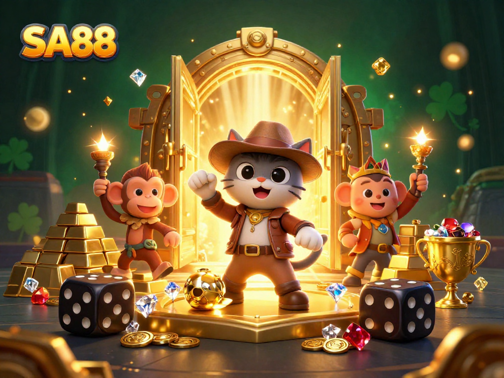 SA88 offers an engaging casino experience with a cat archaeologist uncovering treasures in a vibrant scene.