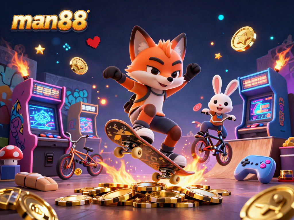Experience man88 with a vibrant 3D cartoon illustration highlighting casino excitement and gaming energy.