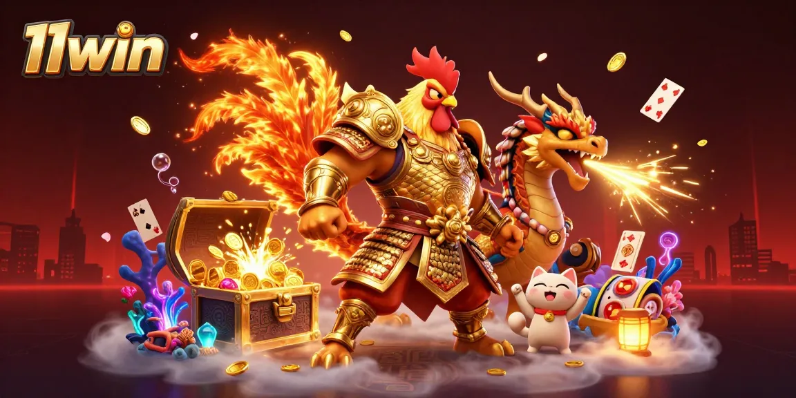 Engage with 11win’s thrilling casino adventure featuring a rooster warrior and dragon hatchling.
