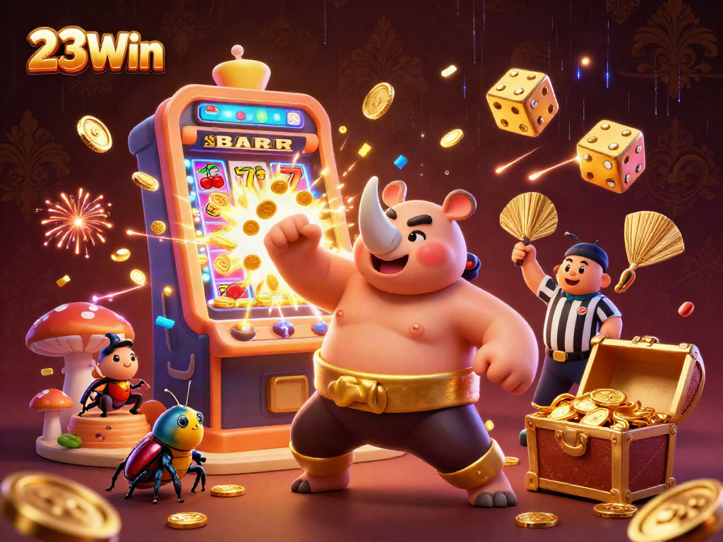 Engage in the thrilling world of 23Win with a dynamic casino illustration of luck and excitement.