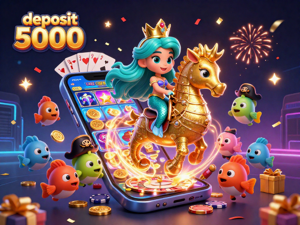 Win big with deposit 5000 in this vibrant casino-themed illustration showcasing playful characters and gaming elements.