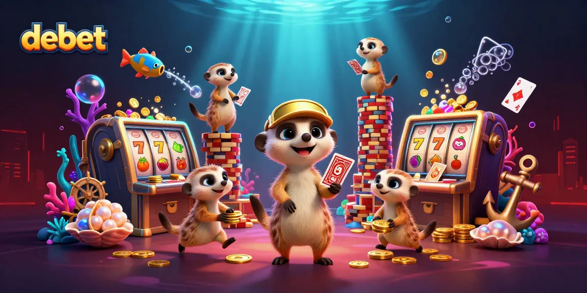 Debet casino scene with meerkats operating slot machines and sneaking chips, rich in detail.