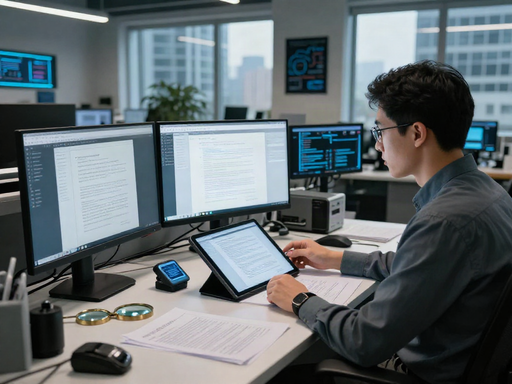 Data analyst examining documents using an advanced document fraud detection solution in a modern office setup.