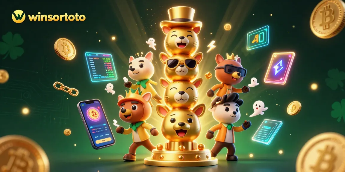 Gambarlah winsortoto dalam acara kasino dengan totem emas dan koin crypto bersinar.