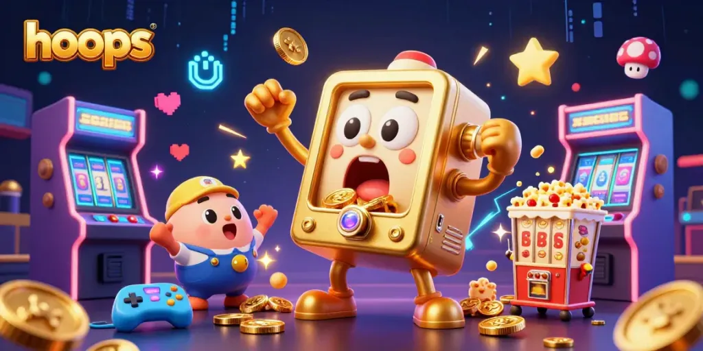 Experience excitement with hoops as golden slot machines celebrate jackpots amidst colorful casino elements.