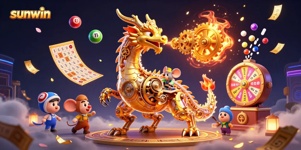 Engage with sunwin's vibrant digital casino world featuring a golden dragon and dynamic gambling elements.