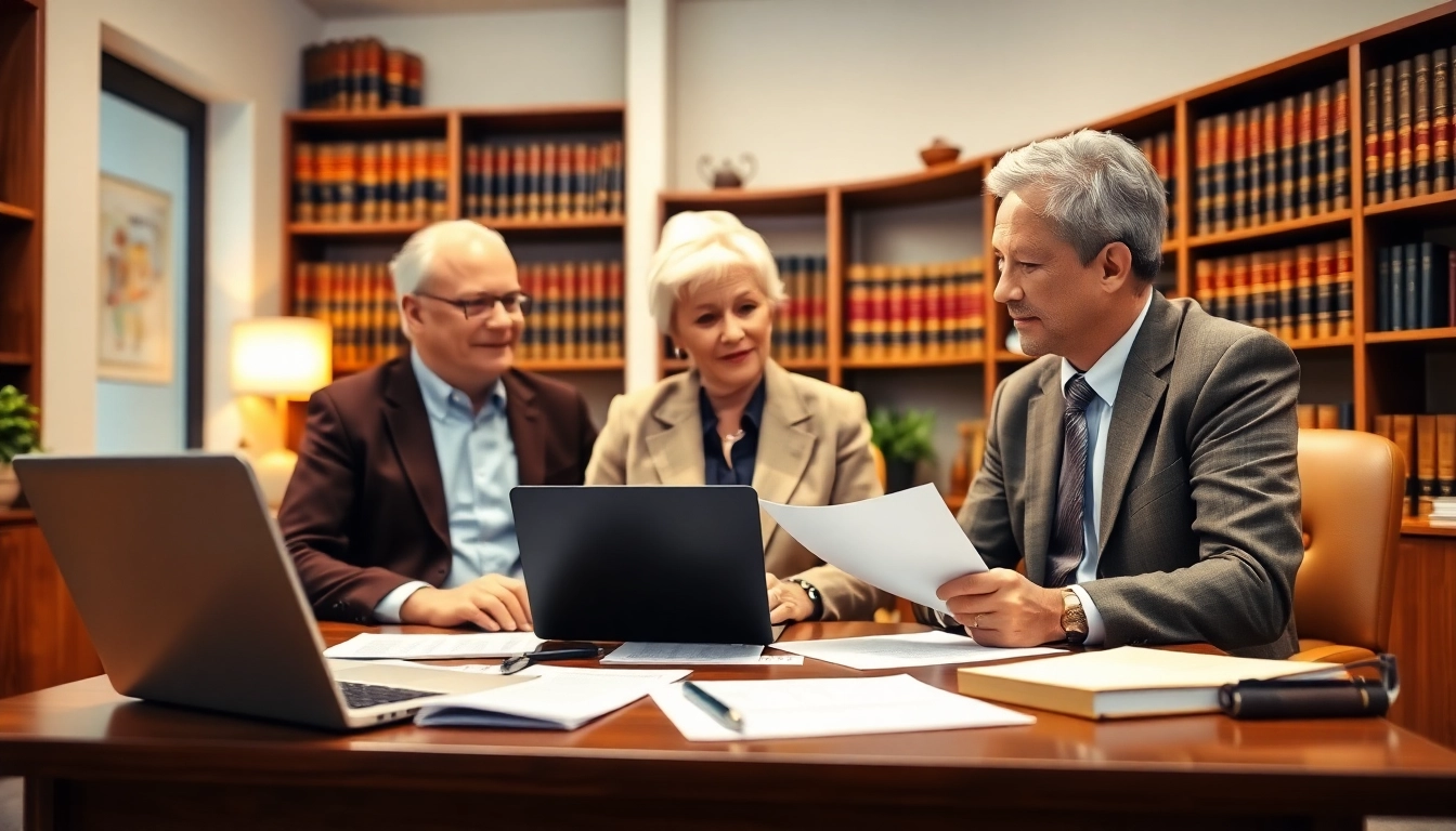 Couple consulting about wills in a well-lit office with legal documents.