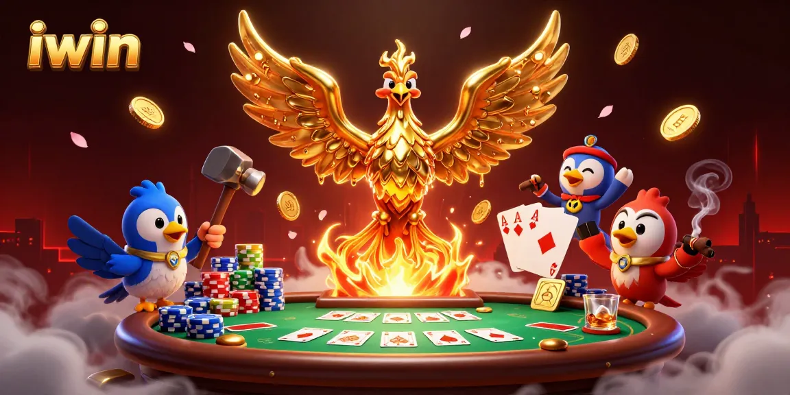 iwin showcases a golden phoenix with poker elements in a captivating 3D casino scene.