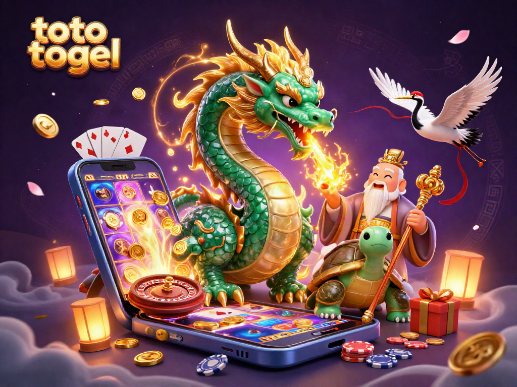 Engage with toto togel in an exciting casino scene featuring a jade dragon and lucky cranes.