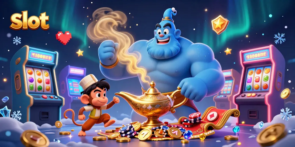 Spin vibrant slot machines in a dynamic casino scene with a magical genie and poker chips.