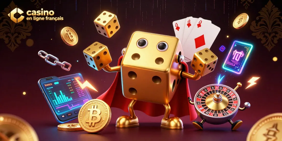 Jouez avec le casino en ligne français représenté par un golem de dés dorés et des éléments cryptographiques.