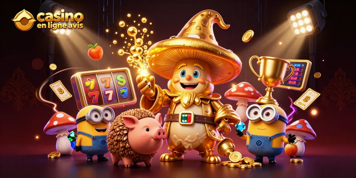 Découvrez l'illustration 3D d'un mage champignon doré et ses amis dans le cadre de casino en ligne avis.