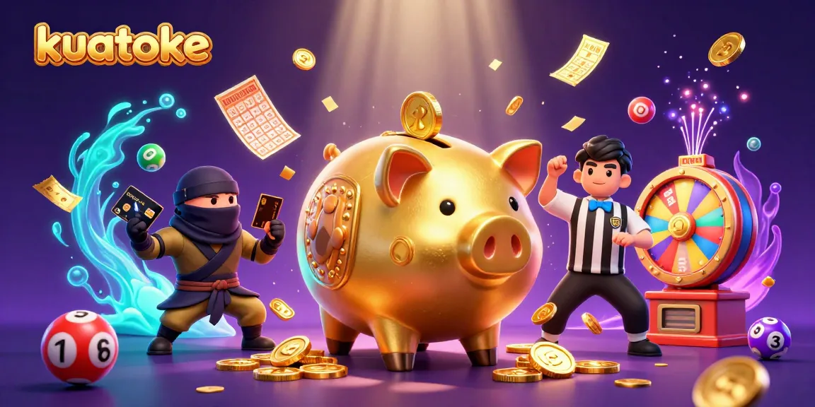 Kuatoke-themed vibrant illustration featuring a golden piggy bank wrestler, wallet-ninja, and referee in a dynamic casino environment.