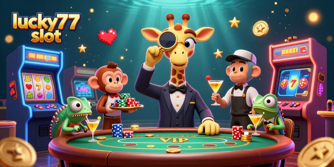 Enjoy the vibrant lucky77 slot gaming experience with a charming scene of casino characters.