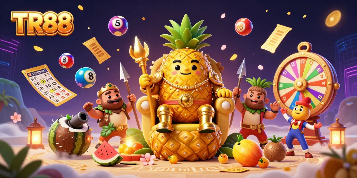 Spin to win with TR88 in this vibrant casino scene featuring colorful lottery elements and energetic characters.