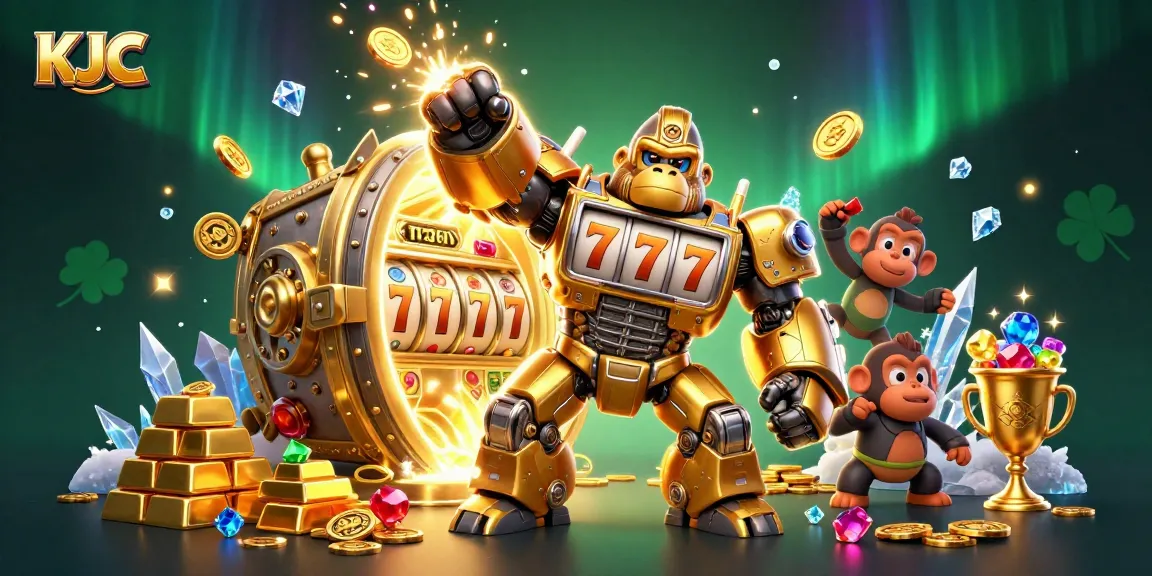 Engage with KJC's gaming experience featuring dynamic golden gorilla mech and treasure vault elements.