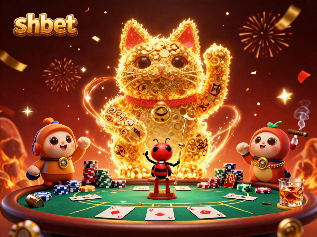 shbet showcases a lively 3D scene with a lucky cat, poker elements, and vibrant festival lights