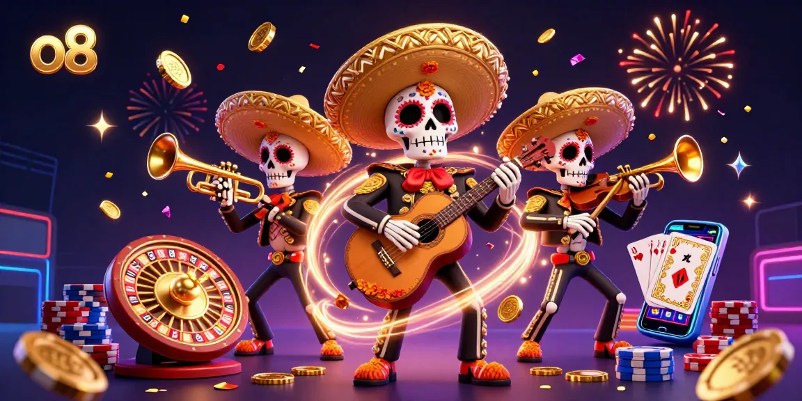 Engage with o8's exciting casino experience, as Day of the Dead skeleton mariachi band showcases vibrant games.