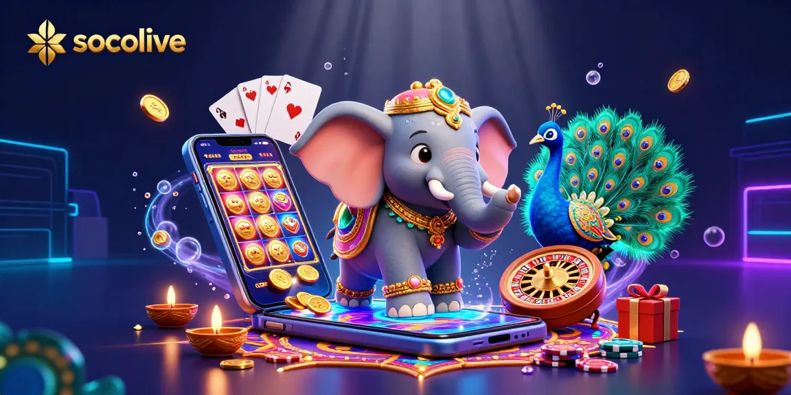socolive showcases colorful 3D cartoon elephant and peacock amidst vibrant gambling elements, highlighting exciting gameplay.