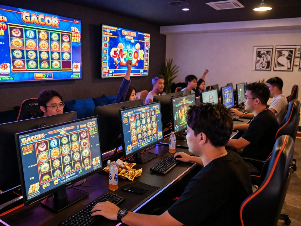 Permainan slot gacor yang menarik dengan pemain serius di depan layar