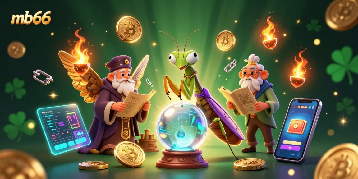 Engage with mb66’s thrilling gaming experience through an enchanting 3D scene featuring fortune-telling mantis and vibrant cryptocurrencies.
