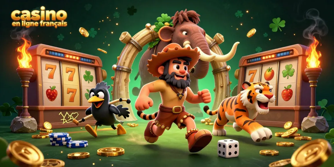Illustration dynamique de casino en ligne français avec des personnages préhistoriques et des éléments de jeu variés.