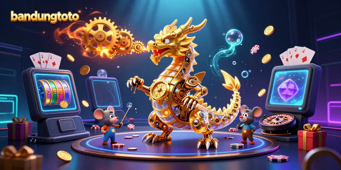 Experience thrilling gameplay with bandungtoto's vibrant gaming scene, showcasing a biomechanical dragon and slot games.