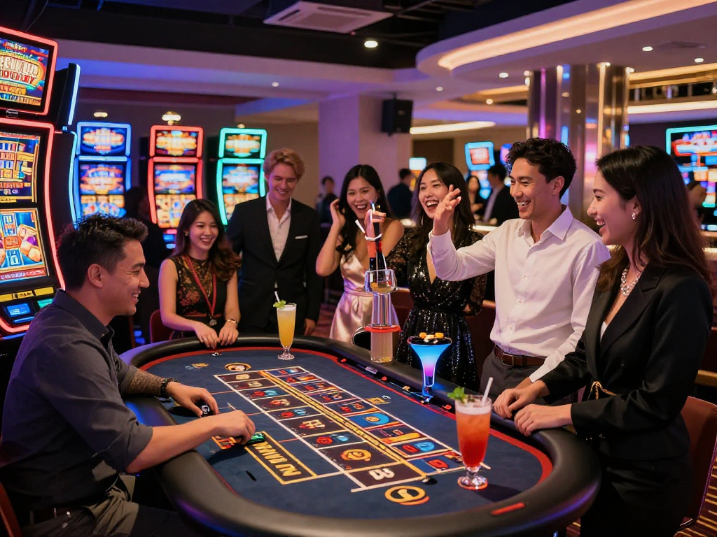 Playing at a vibrant crypto casino, friends celebrating wins at roulette amidst dazzling lights and modern decor.