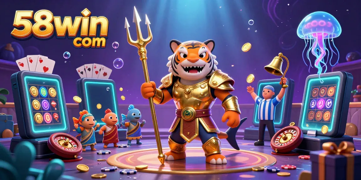 Join the excitement of 58win com with a dynamic underwater casino scene featuring a tiger shark gladiator and vibrant gaming elements.
