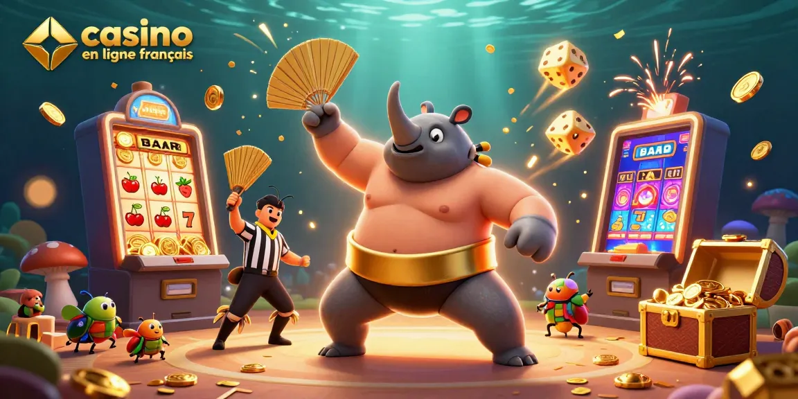Illustrer le dynamisme d'un casino en ligne français avec un rhinocéros sumo champion entouré de machines à sous et de trésors.