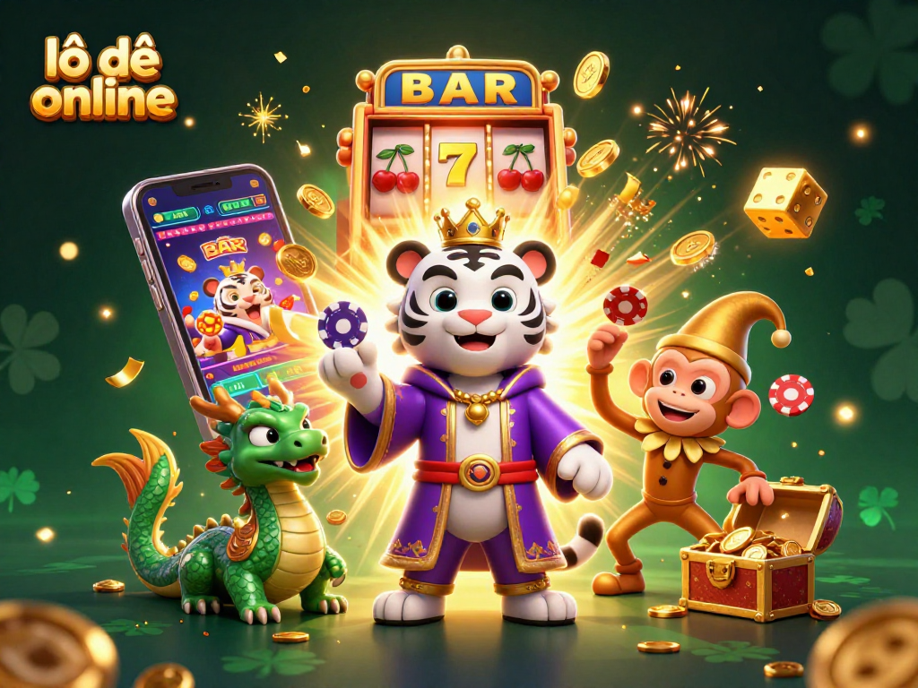 Engage in thrilling lô đề online action with vibrant visuals of a white tiger and monkey amid casino excitement.