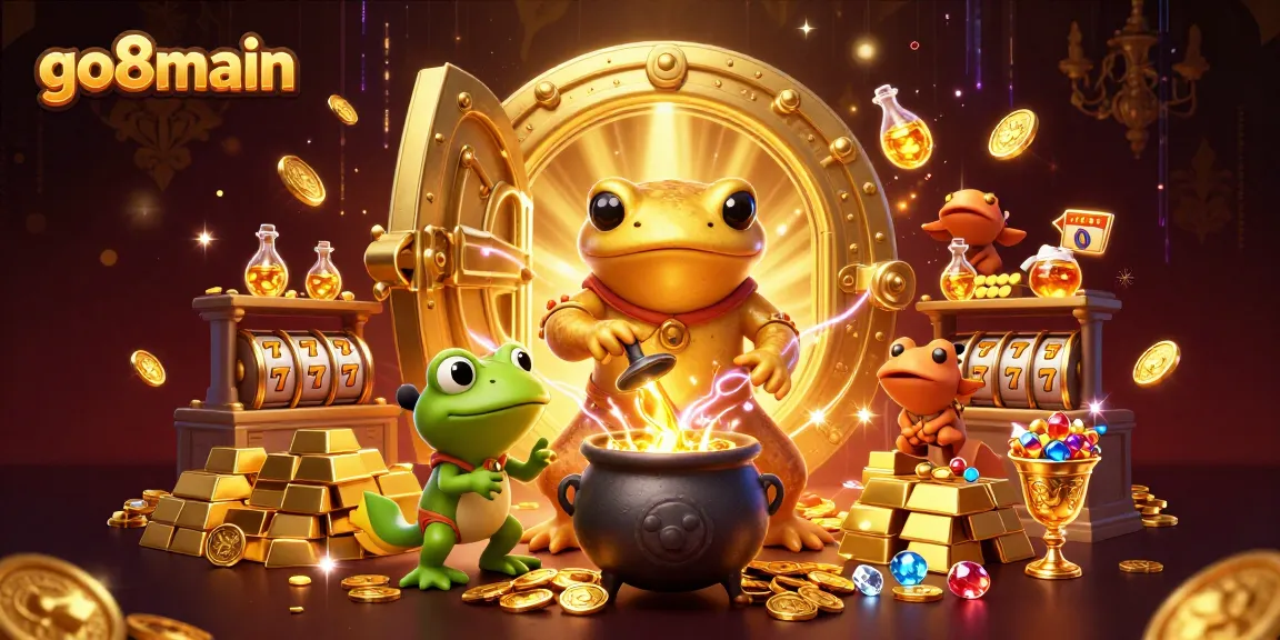 Experience adventures at go8main with golden treasures surround mystical characters in this vibrant 3D illustration.
