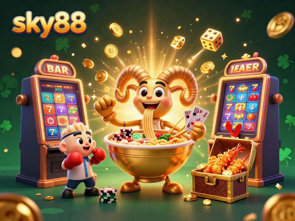 Experience thrilling casino action with sky88 in a vibrant 3D illustration featuring dynamic characters and game elements.