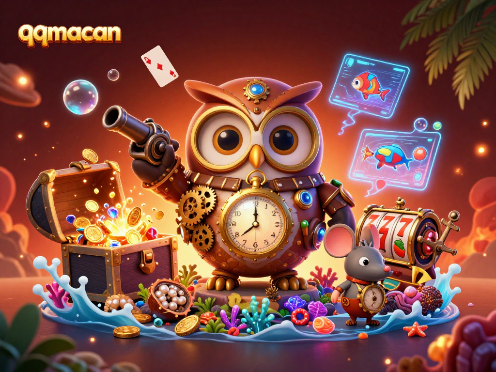 Win big with qqmacan in this vibrant 3D casino-themed illustration featuring treasure and game elements.
