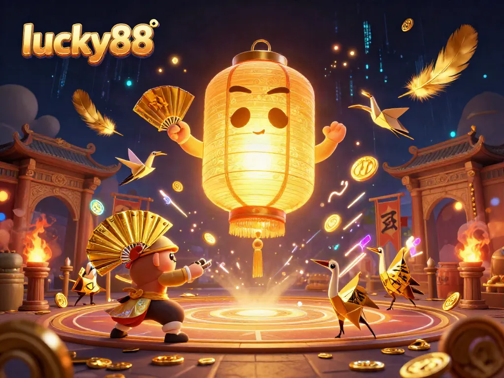 Experience the magic of lucky88 with a vibrant 3D scene showcasing golden lanterns and casino elements.