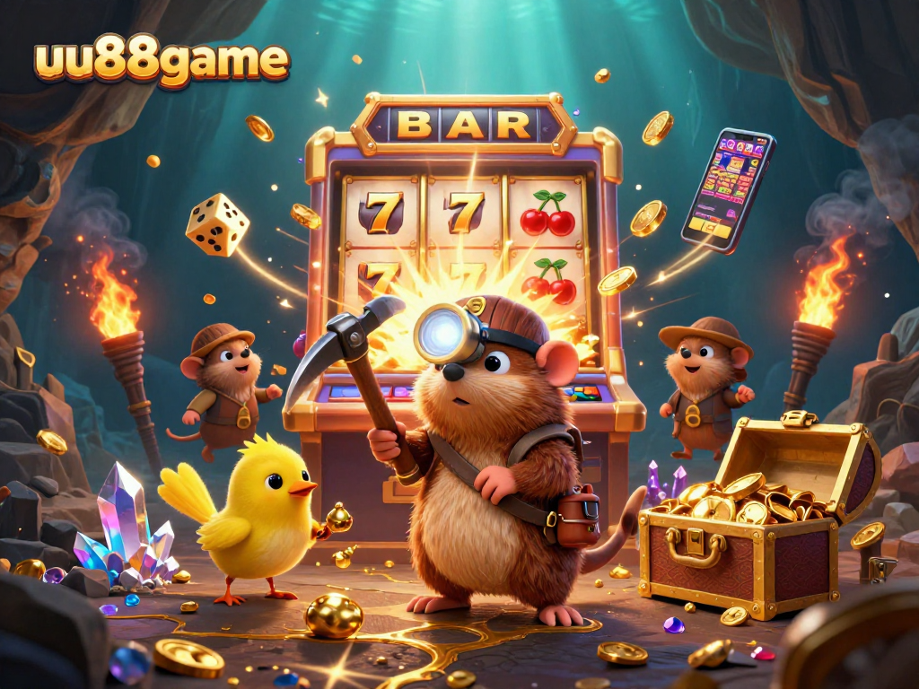uu88game reveals a vibrant 3D casino scene with a treasure hunter, slot machine, and golden elements.