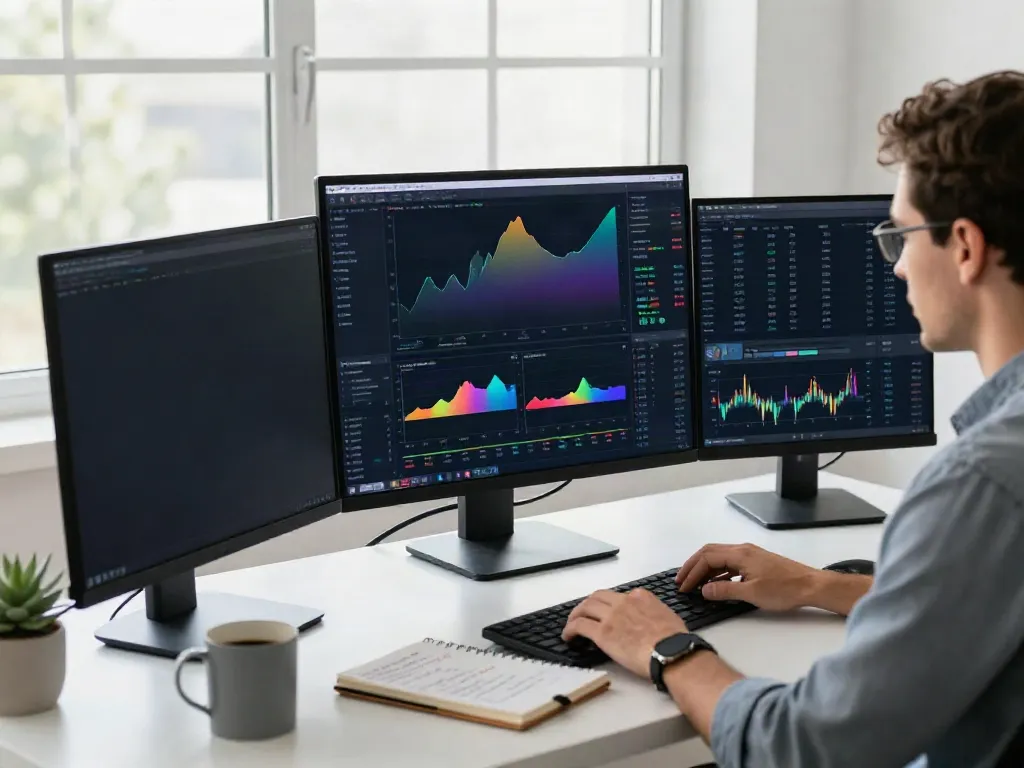 Trader analyzing market data using TradingView on multiple monitors in a bright workspace.
