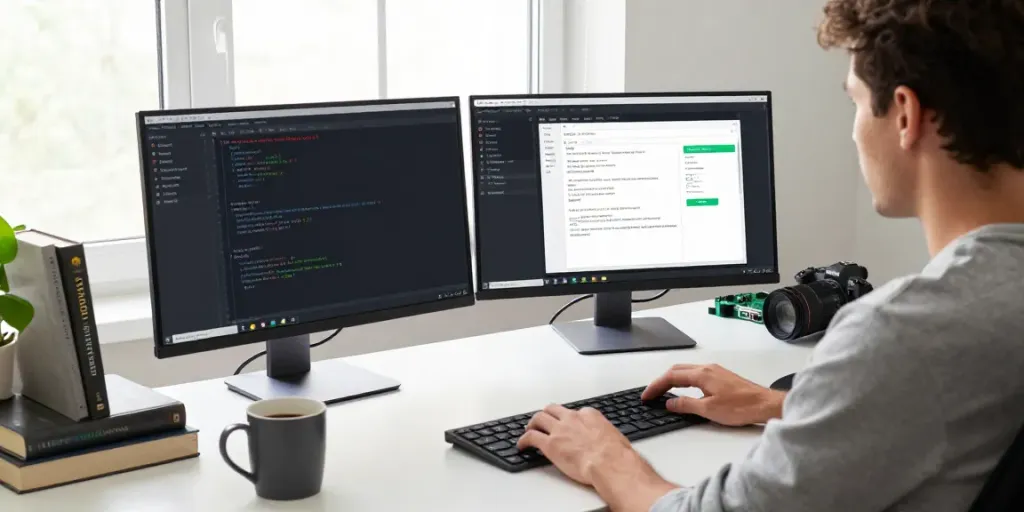 Android developer workspace featuring h5.2113.net with code on screens and a cozy atmosphere.