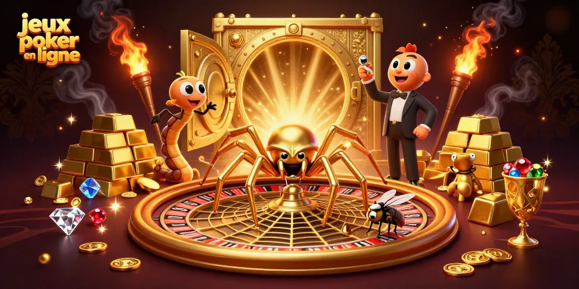Jouez à des jeux poker en ligne avec une araignée dorée et un croupier centipède dans une scène dynamique.
