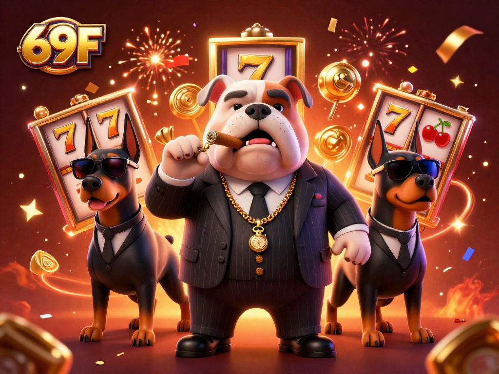 Ação de ganhar com 69F, ilustração de cassino vibrante com um bulldog mafioso e seus guarda-costas.