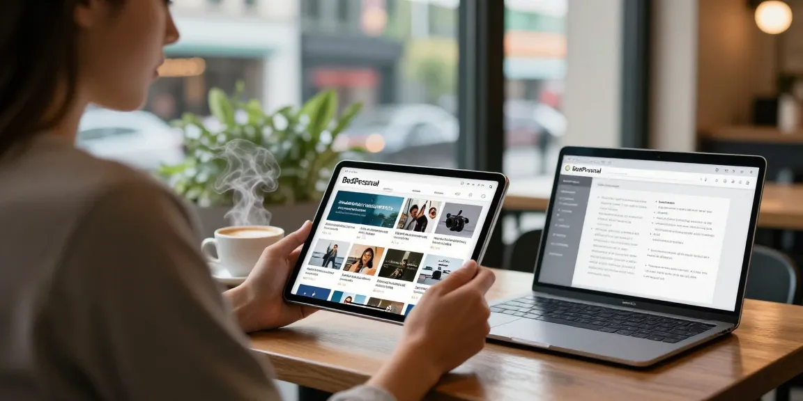 Engaged user exploring BedPersonal, a reliable classifieds platform, in a cozy café.