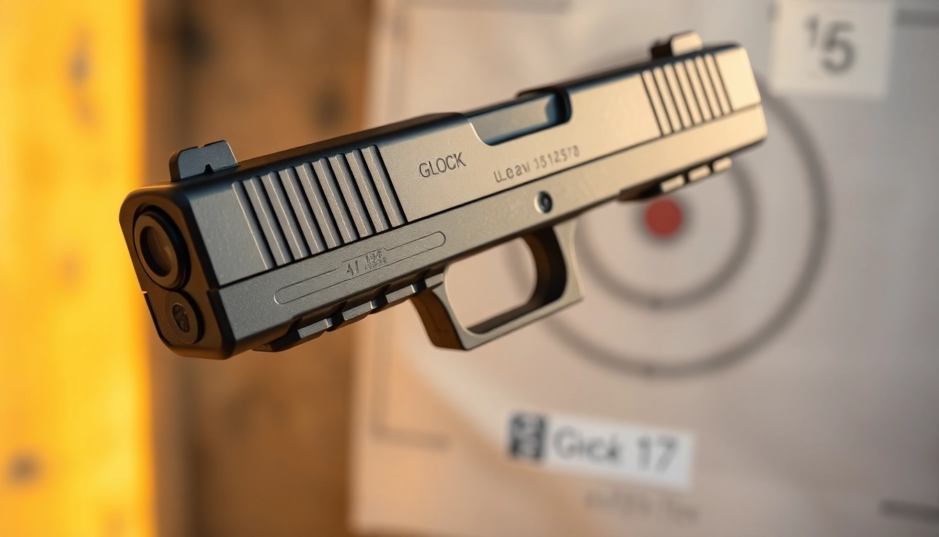 Detailed glock 17 slide with sleek design and smooth finish on a blurred shooting range background.