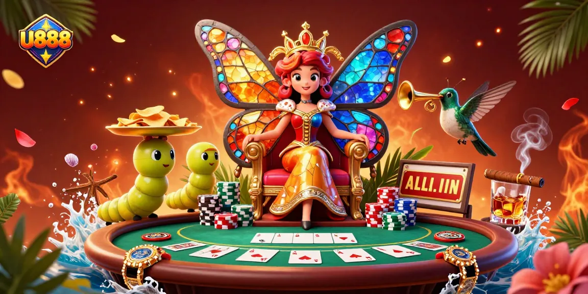 Experience exciting action with U888's vibrant games featuring a butterfly queen and poker elements.