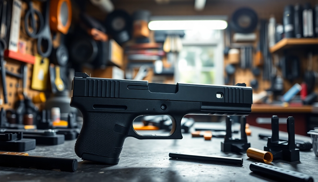 Showcase glock 17 slide oem with precise features and high-quality craftsmanship on a workbench.