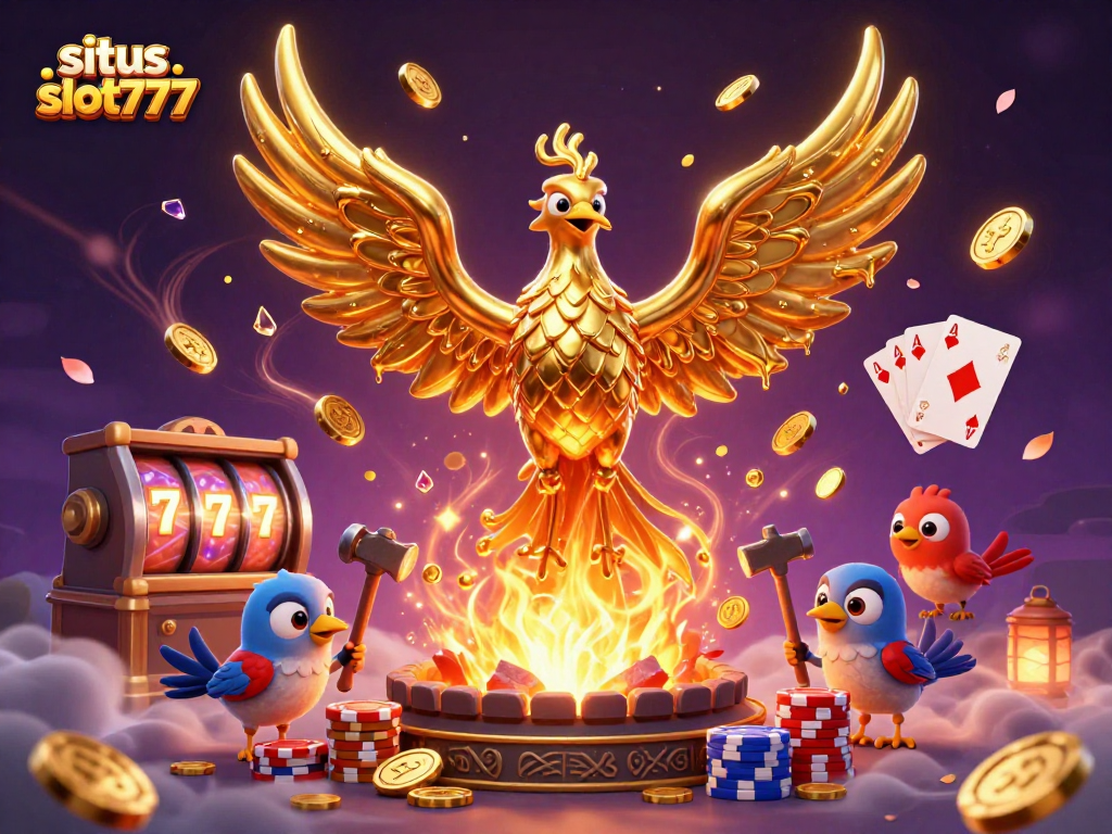 situs slot777 features a golden phoenix and molten metal elements symbolizing jackpot winnings in a vibrant casino scene