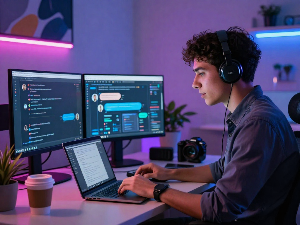 Engaging ai nsfw chat with a young professional in a vibrant tech workspace