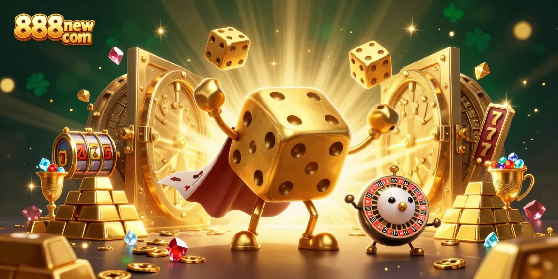 Win big with immersive games at 888new com, featuring captivating golden characters and vivid casino elements.