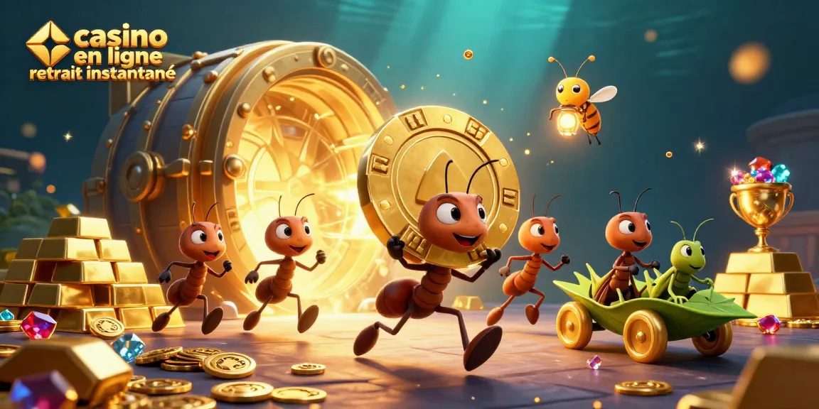 Jouez à casino en ligne retrait instantané avec une illustration d'une équipe de fourmis en pleine action.